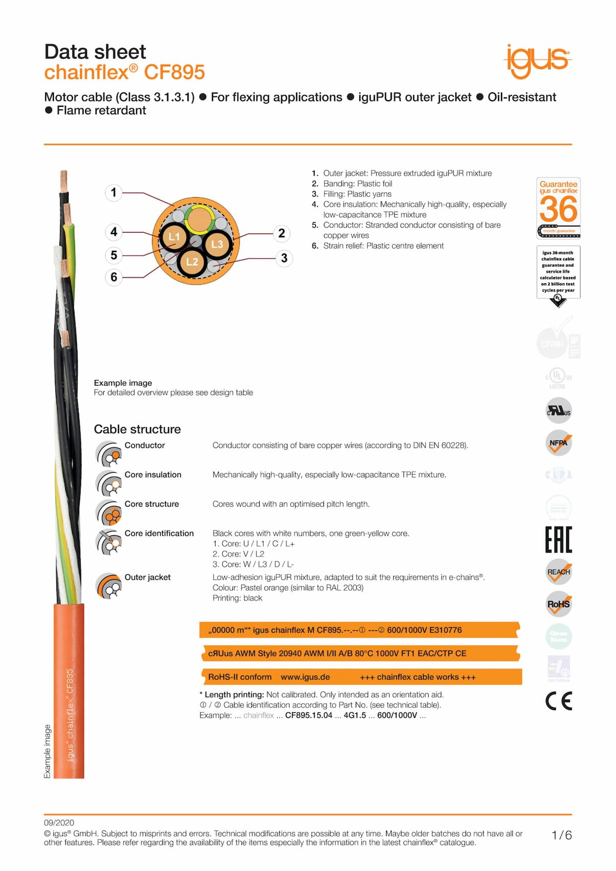 Technical data sheet chainflex® motor cable CF895