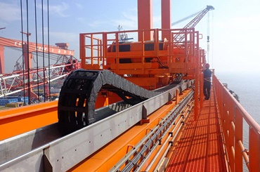 Gantry crane with energy chain on a ship
